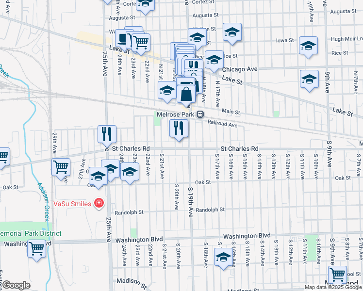 map of restaurants, bars, coffee shops, grocery stores, and more near 34 South 20th Avenue in Maywood