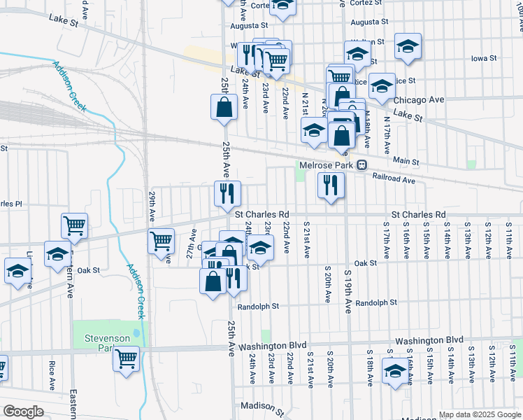 map of restaurants, bars, coffee shops, grocery stores, and more near 207 24th Avenue in Bellwood