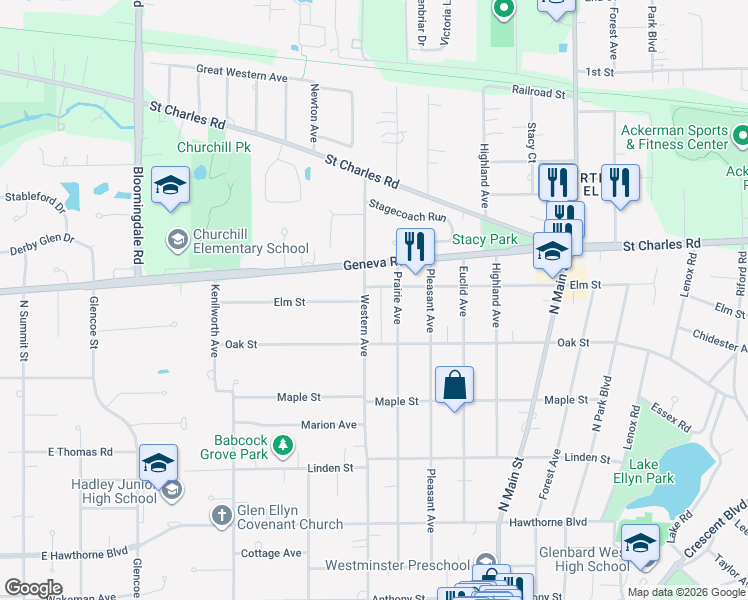 map of restaurants, bars, coffee shops, grocery stores, and more near 807 Western Avenue in Glen Ellyn