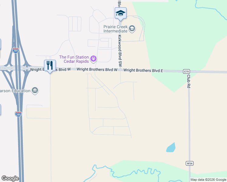 map of restaurants, bars, coffee shops, grocery stores, and more near 115 Wright Brothers Boulevard East in Cedar Rapids