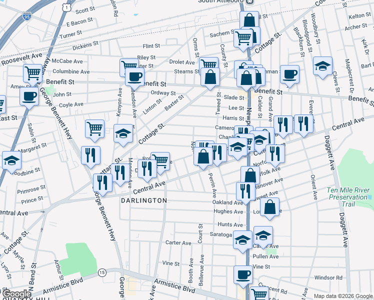 map of restaurants, bars, coffee shops, grocery stores, and more near 65 Chaplin Street in Pawtucket
