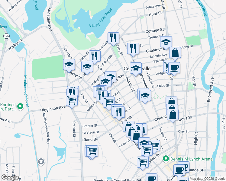 map of restaurants, bars, coffee shops, grocery stores, and more near 120 Hedley Avenue in Central Falls
