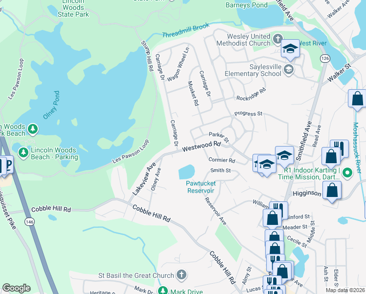 map of restaurants, bars, coffee shops, grocery stores, and more near 6 Carriage Drive in Lincoln