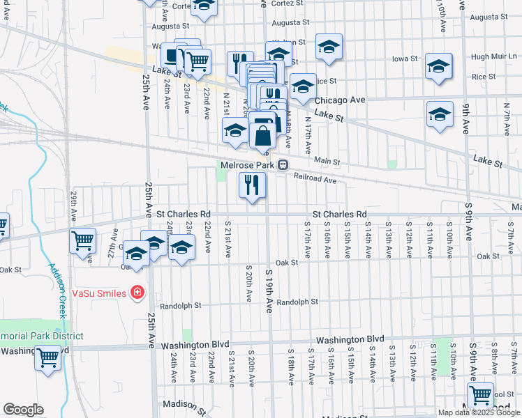 map of restaurants, bars, coffee shops, grocery stores, and more near 35 South 19th Avenue in Maywood