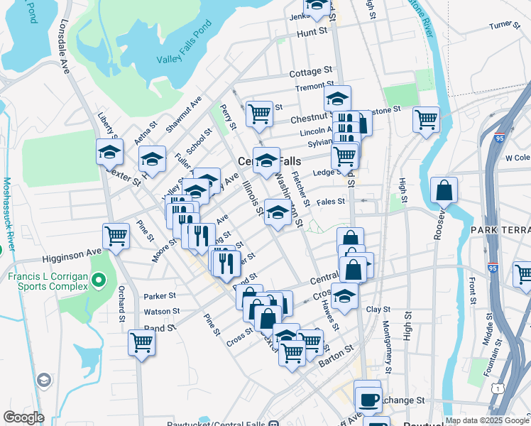 map of restaurants, bars, coffee shops, grocery stores, and more near 165 Illinois Street in Central Falls