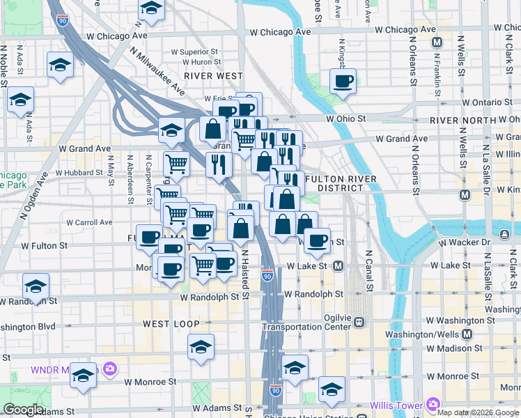 map of restaurants, bars, coffee shops, grocery stores, and more near 355 North Halsted Street in Chicago