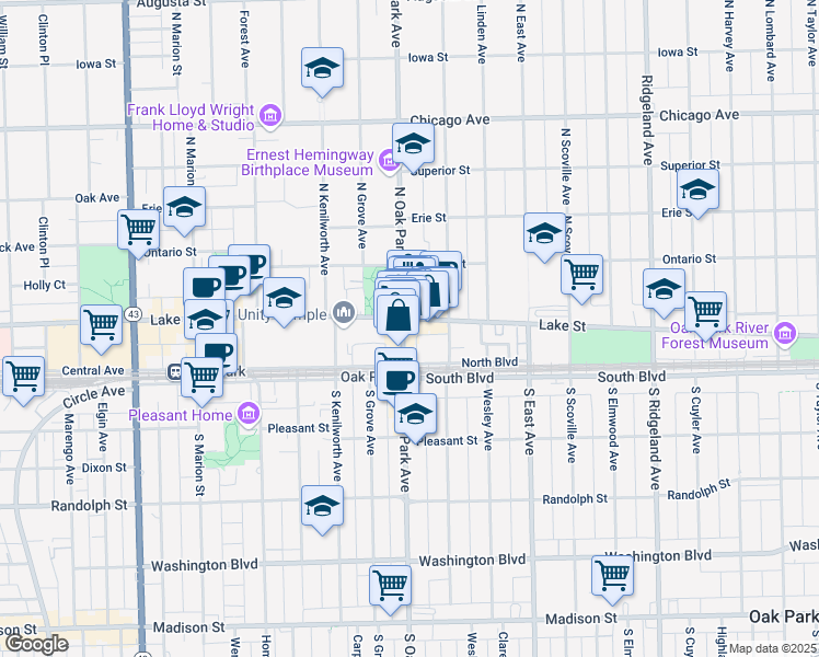 map of restaurants, bars, coffee shops, grocery stores, and more near 714 Lake Street in Oak Park