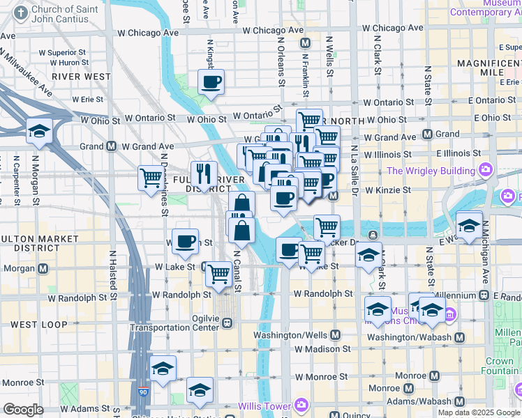 map of restaurants, bars, coffee shops, grocery stores, and more near 3 West Wolf Point Plaza in Chicago