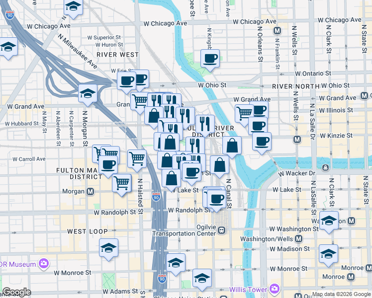 map of restaurants, bars, coffee shops, grocery stores, and more near 353 North Desplaines Street in Chicago