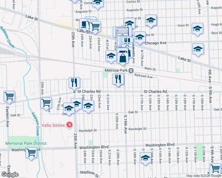 map of restaurants, bars, coffee shops, grocery stores, and more near 2015 Saint Charles Road in Maywood