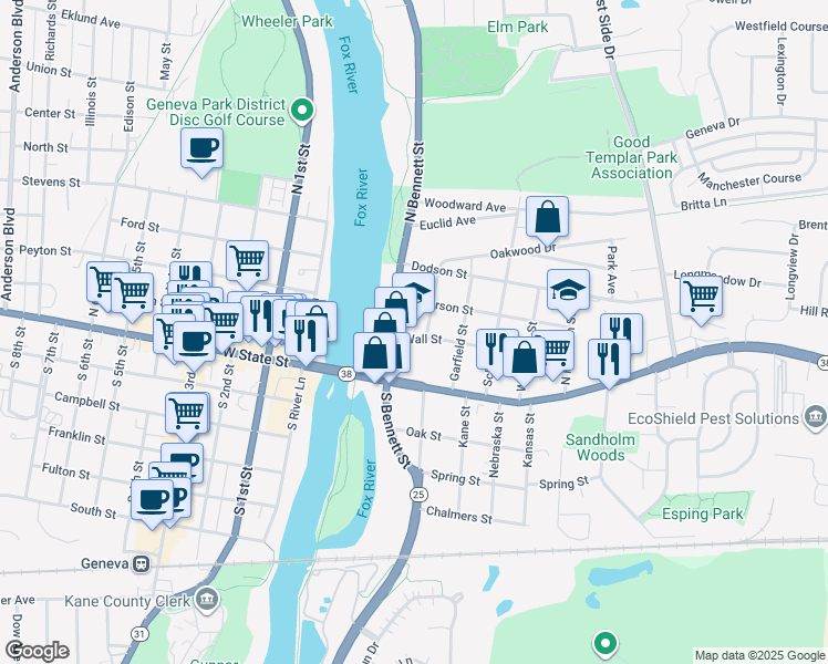 map of restaurants, bars, coffee shops, grocery stores, and more near 102 Howard Street in Geneva