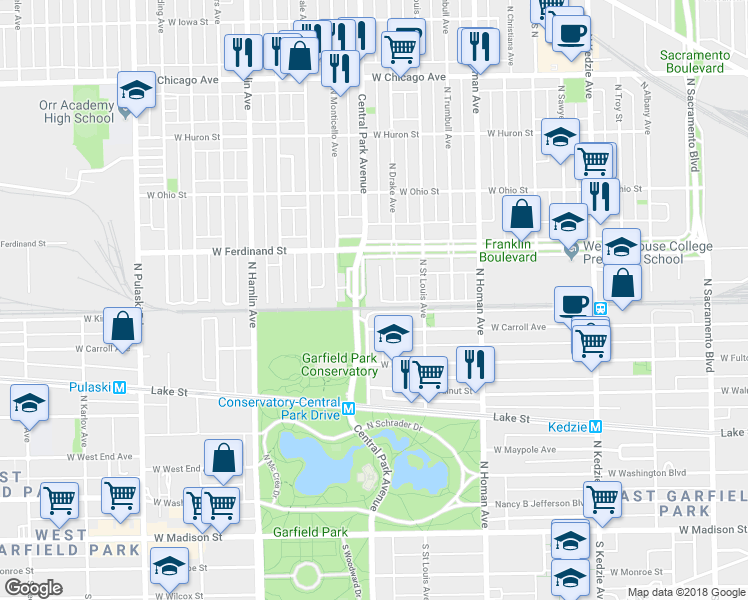 map of restaurants, bars, coffee shops, grocery stores, and more near 401 North Central Park Avenue in Chicago