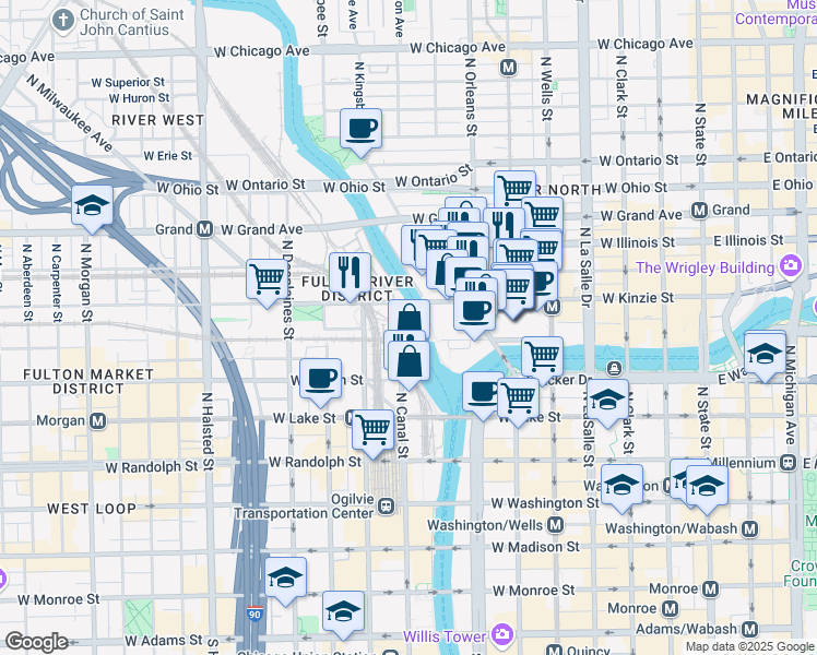 map of restaurants, bars, coffee shops, grocery stores, and more near 406 West Kinzie Street in Chicago