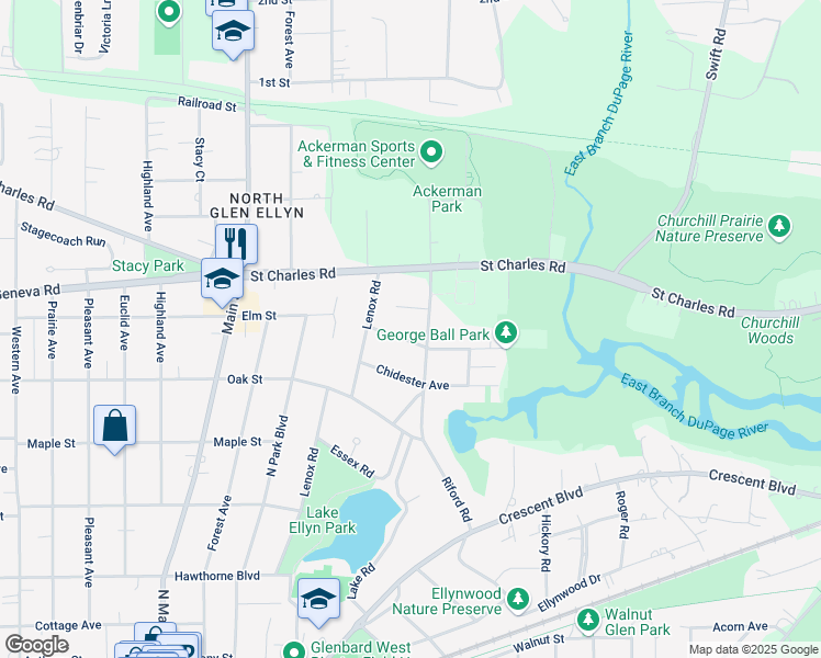 map of restaurants, bars, coffee shops, grocery stores, and more near 719 Meredith Place in Glen Ellyn
