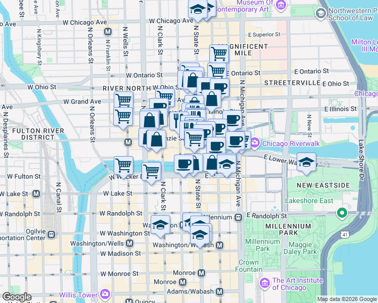 map of restaurants, bars, coffee shops, grocery stores, and more near 300 North State Street in Chicago