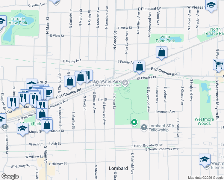 map of restaurants, bars, coffee shops, grocery stores, and more near 343 East Parkside Avenue in Lombard