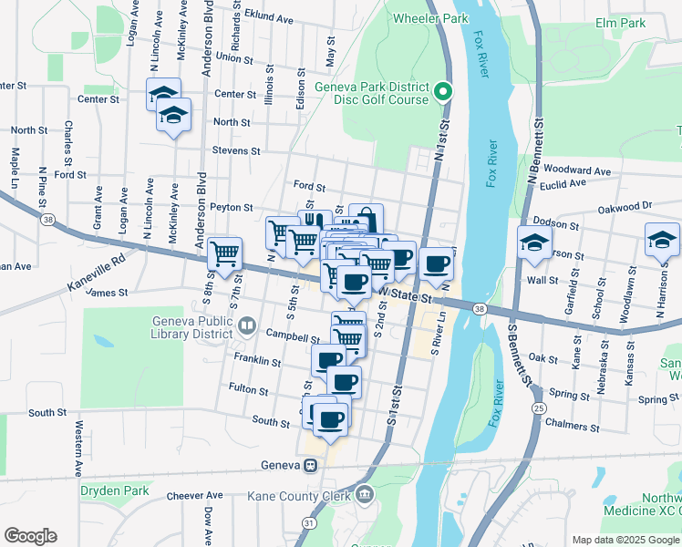 map of restaurants, bars, coffee shops, grocery stores, and more near 30 North 3rd Street in Geneva