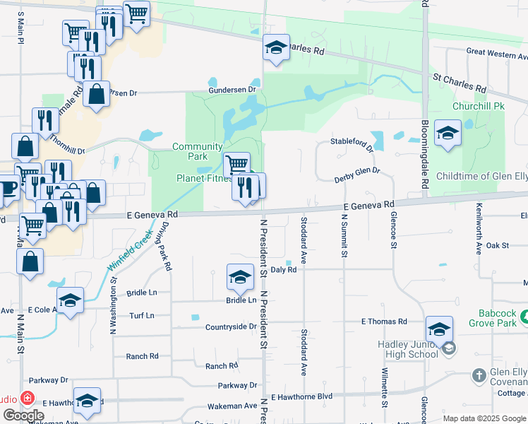 map of restaurants, bars, coffee shops, grocery stores, and more near N President St & E Geneva Rd in Wheaton