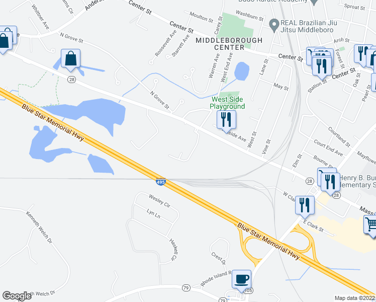 map of restaurants, bars, coffee shops, grocery stores, and more near 150 West Grove Street in Middleborough
