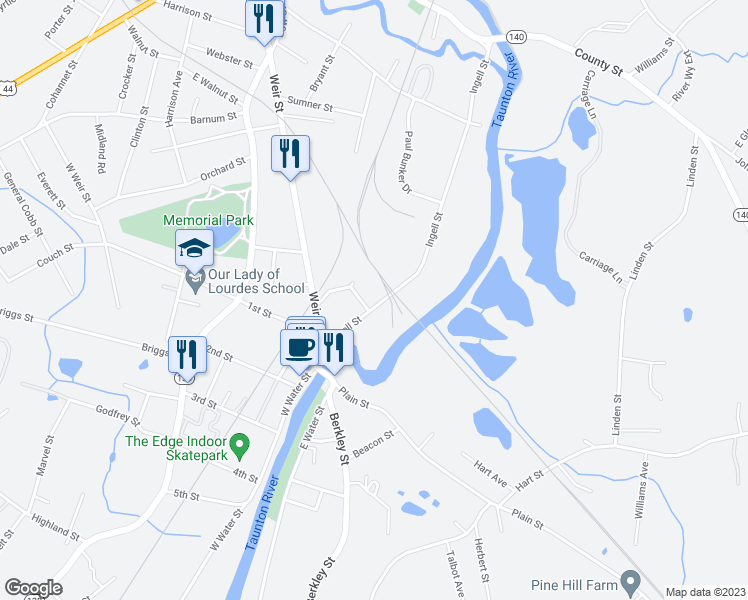 map of restaurants, bars, coffee shops, grocery stores, and more near 111 Ingell Street in Taunton