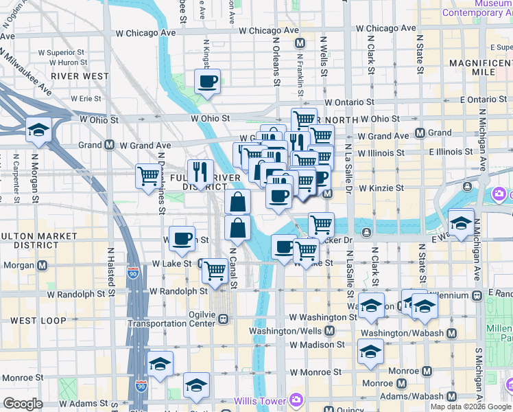 map of restaurants, bars, coffee shops, grocery stores, and more near 406 West Kinzie Street in Chicago