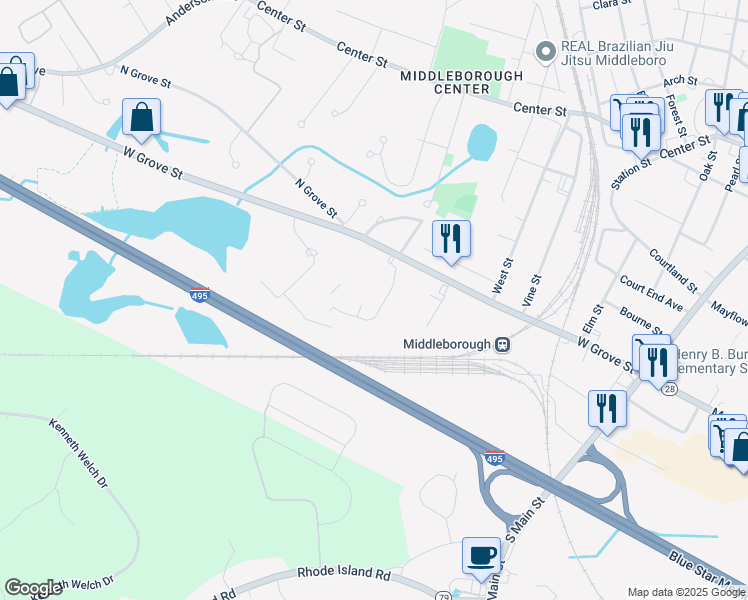 map of restaurants, bars, coffee shops, grocery stores, and more near 152 West Grove Street in Middleborough