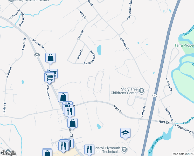 map of restaurants, bars, coffee shops, grocery stores, and more near 35 Pilgrim Village Road in Taunton