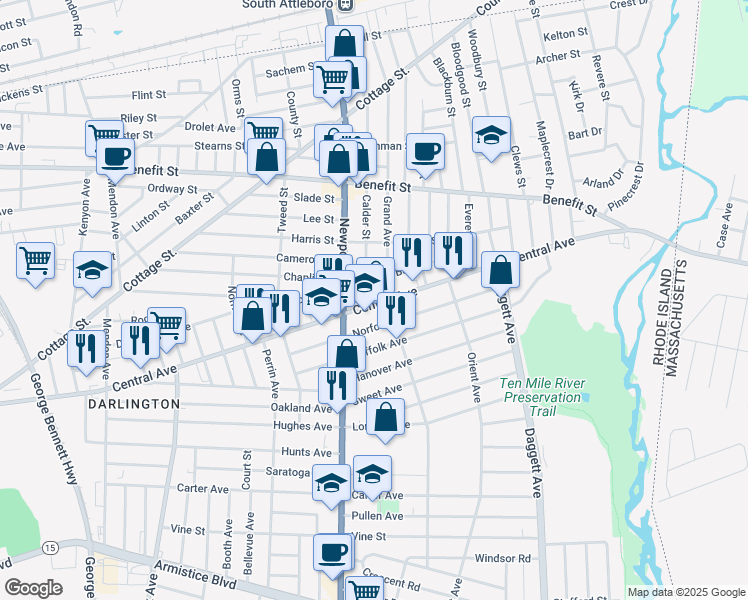 map of restaurants, bars, coffee shops, grocery stores, and more near 14 Calder Street in Pawtucket