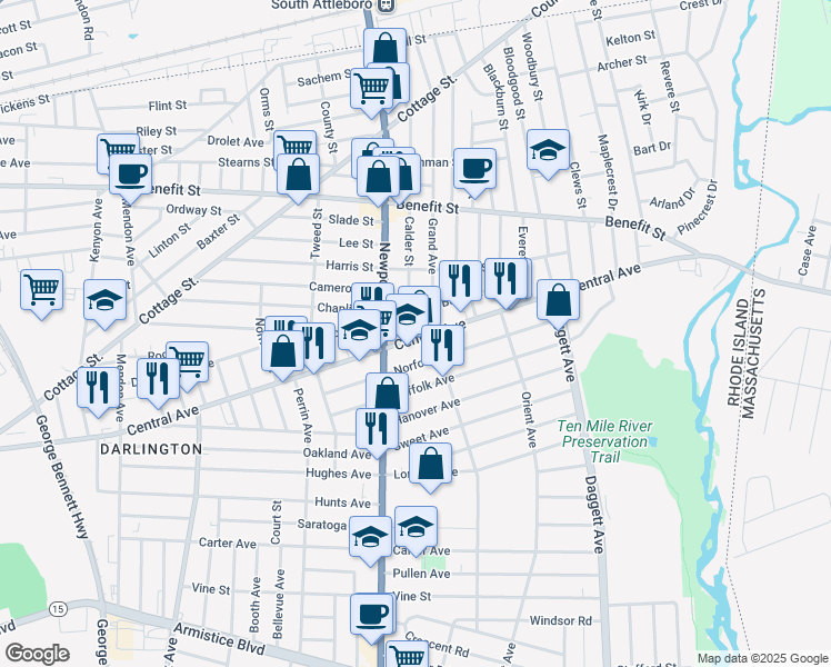 map of restaurants, bars, coffee shops, grocery stores, and more near 14 Calder Street in Pawtucket