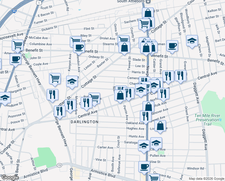 map of restaurants, bars, coffee shops, grocery stores, and more near 65 Chaplin Street in Pawtucket