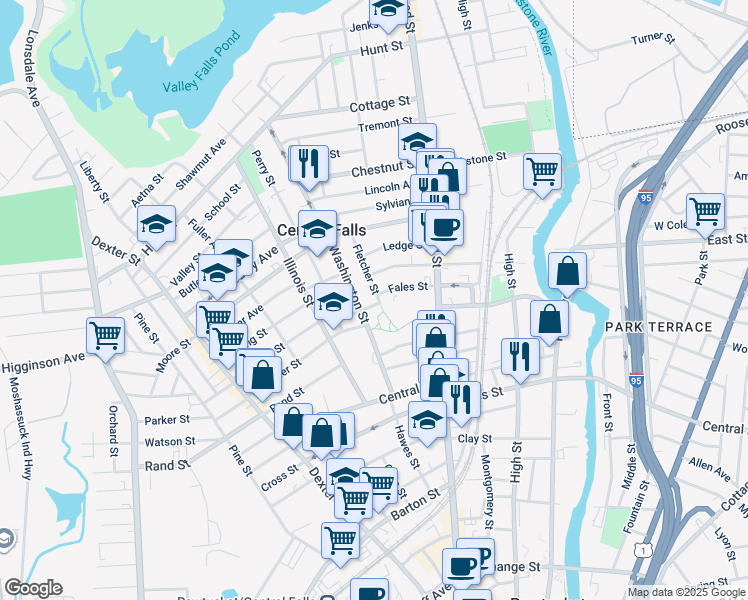 map of restaurants, bars, coffee shops, grocery stores, and more near 77 Fales Street in Central Falls
