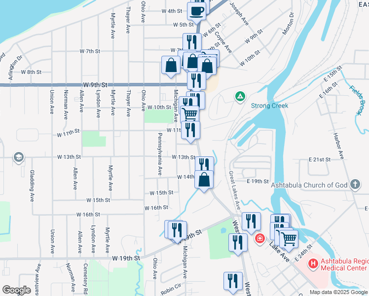 map of restaurants, bars, coffee shops, grocery stores, and more near 1620 West 11th Street in Ashtabula