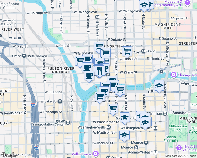 map of restaurants, bars, coffee shops, grocery stores, and more near 161 West Kinzie Street in Chicago