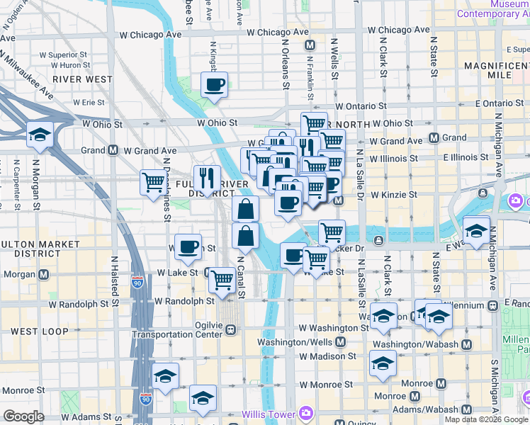 map of restaurants, bars, coffee shops, grocery stores, and more near 406 West Kinzie Street in Chicago