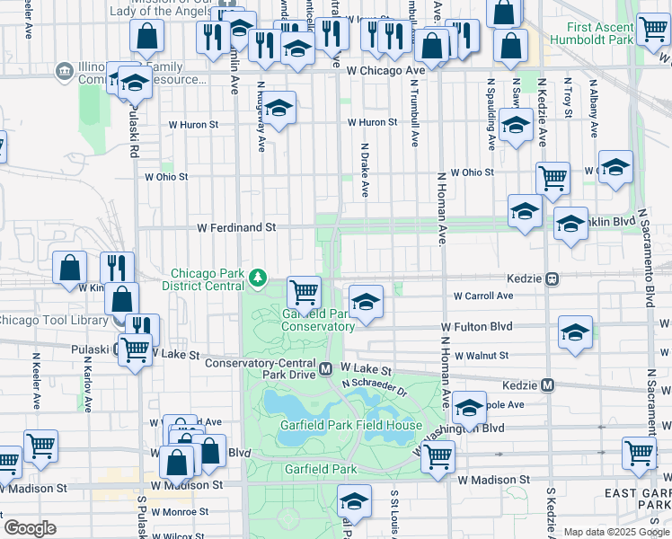 map of restaurants, bars, coffee shops, grocery stores, and more near 428 North Central Park Avenue in Chicago