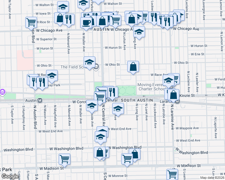 map of restaurants, bars, coffee shops, grocery stores, and more near 440 North Pine Avenue in Chicago