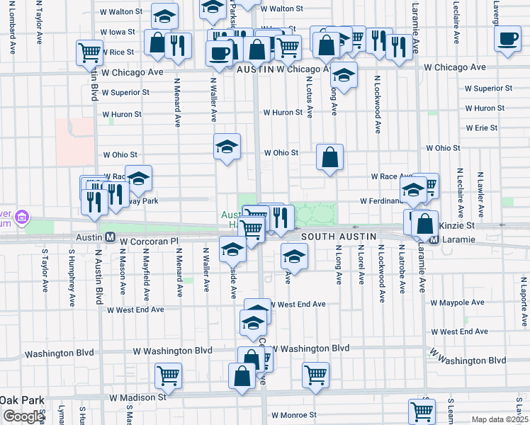 map of restaurants, bars, coffee shops, grocery stores, and more near 447 North Central Avenue in Chicago