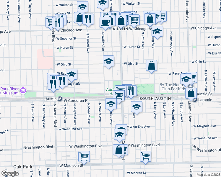 map of restaurants, bars, coffee shops, grocery stores, and more near 401 North Central Avenue in Chicago