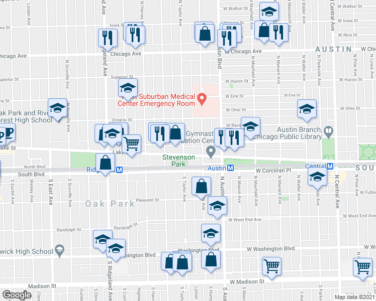 map of restaurants, bars, coffee shops, grocery stores, and more near 139 North Taylor Avenue in Oak Park