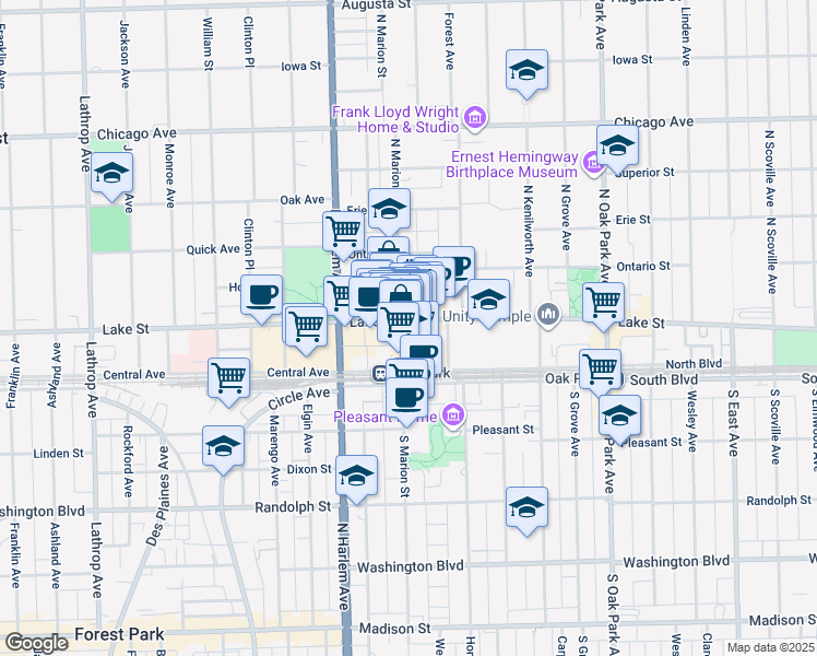 map of restaurants, bars, coffee shops, grocery stores, and more near 1048 Lake Street in Oak Park