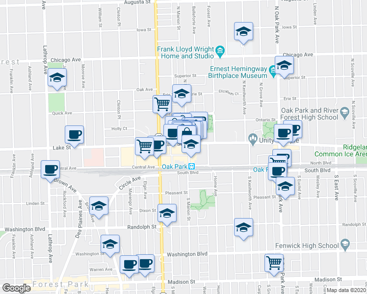 map of restaurants, bars, coffee shops, grocery stores, and more near 1048 Lake Street in Oak Park