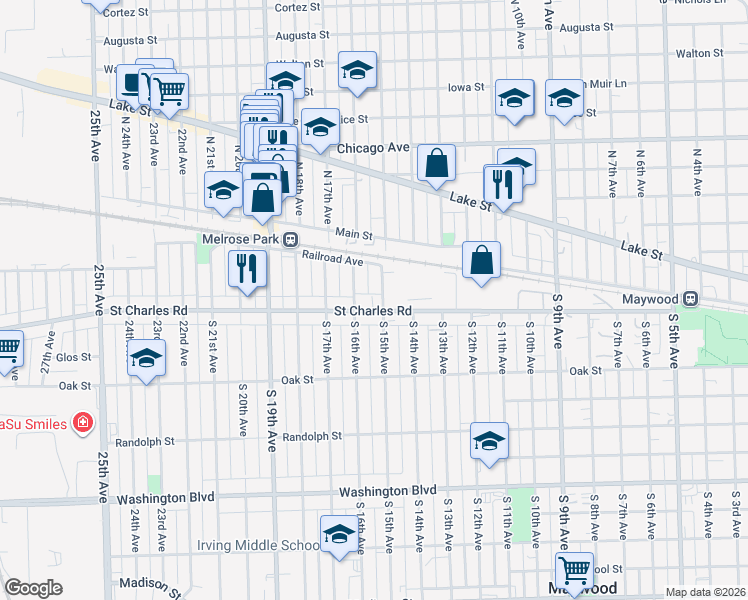 map of restaurants, bars, coffee shops, grocery stores, and more near 18 South 15th Avenue in Maywood