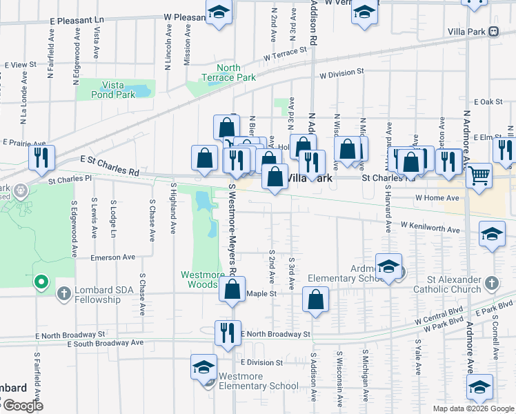 map of restaurants, bars, coffee shops, grocery stores, and more near 20 Kenilworth Court in Lombard