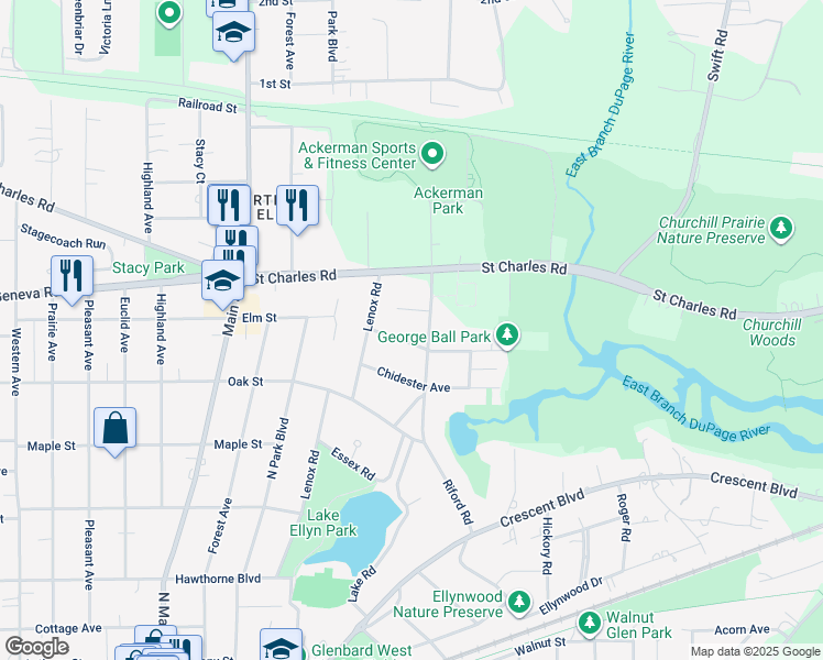 map of restaurants, bars, coffee shops, grocery stores, and more near 719 Meredith Place in Glen Ellyn