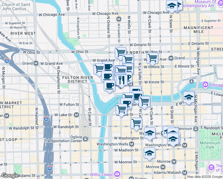 map of restaurants, bars, coffee shops, grocery stores, and more near 161 West Kinzie Street in Chicago