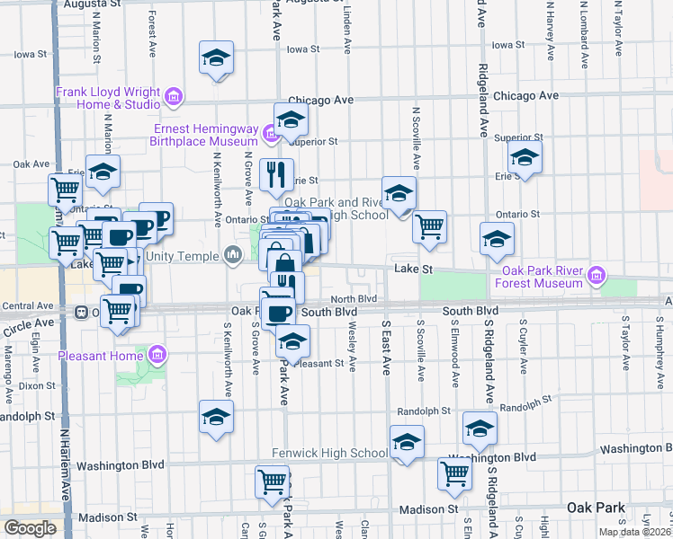 map of restaurants, bars, coffee shops, grocery stores, and more near 675 Lake Street in Oak Park