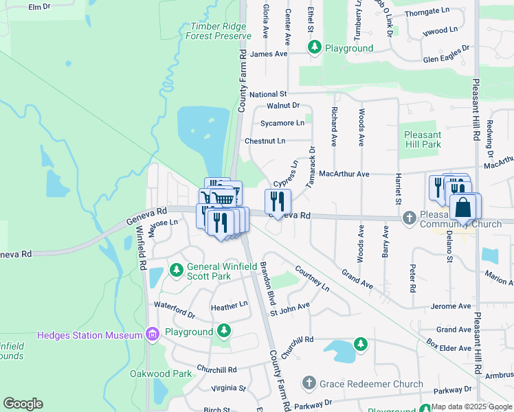 map of restaurants, bars, coffee shops, grocery stores, and more near 141 County Farm Road in Winfield