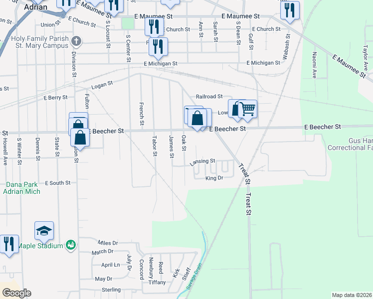 map of restaurants, bars, coffee shops, grocery stores, and more near 719 Oak Street in Adrian