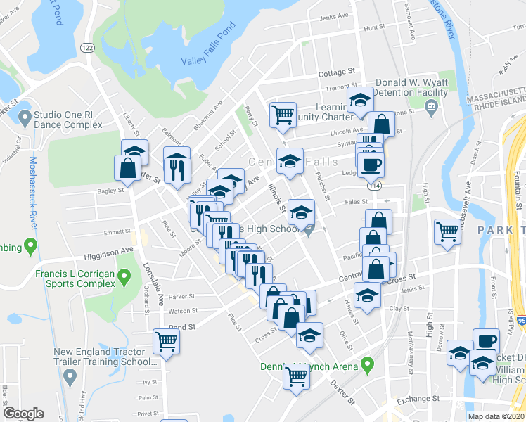 map of restaurants, bars, coffee shops, grocery stores, and more near 42 Sumner Avenue in Central Falls