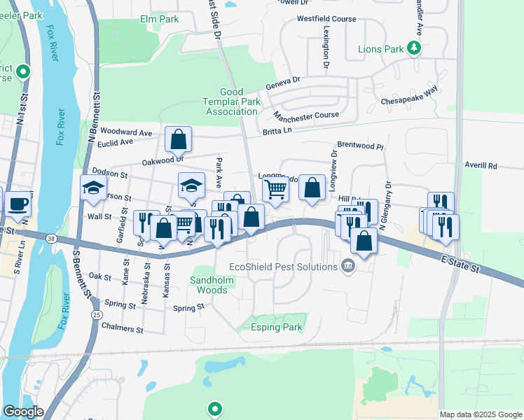 map of restaurants, bars, coffee shops, grocery stores, and more near 227 East Side Drive in Geneva